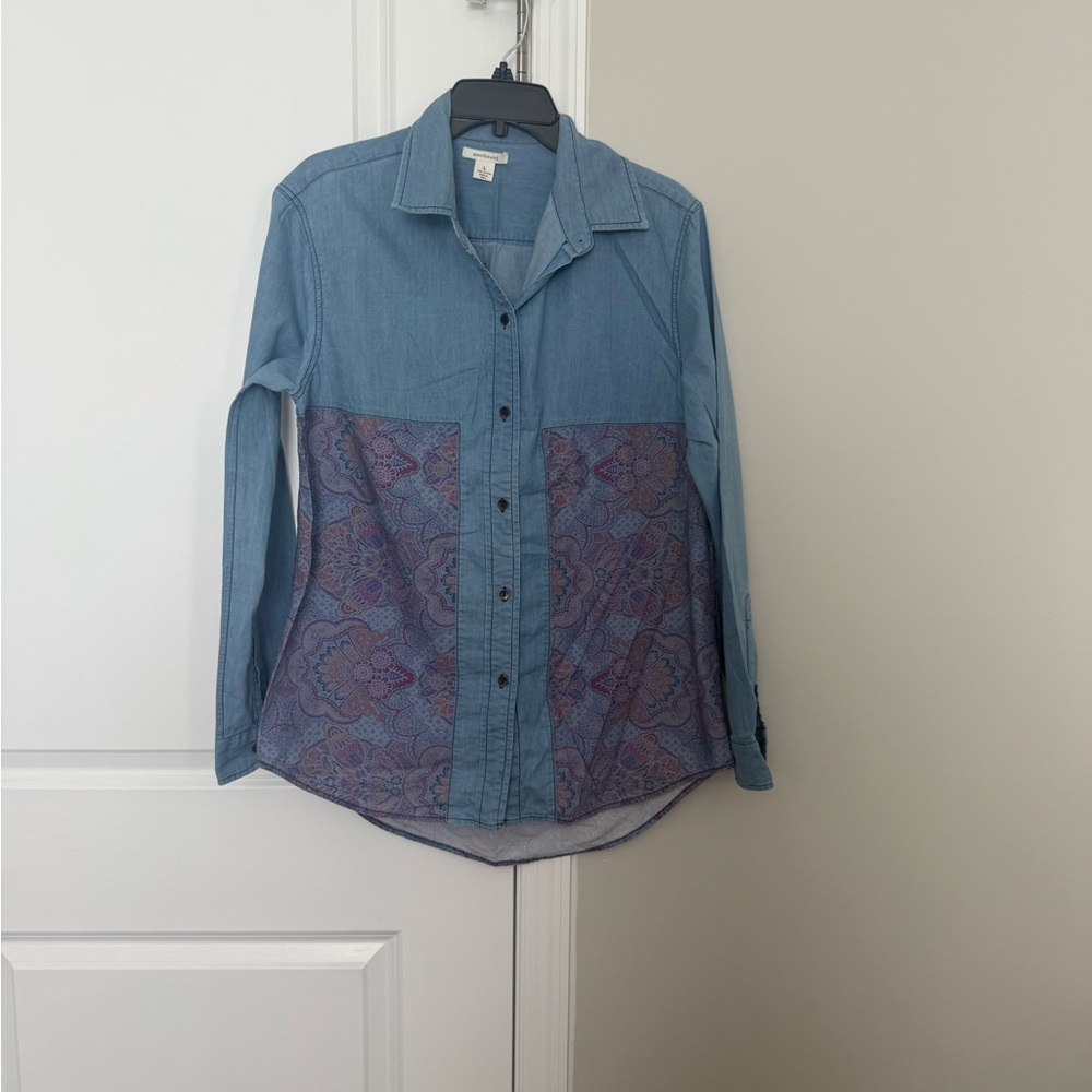 Westbound Light Blue Denim-Style Button Down with Purple Print Panels